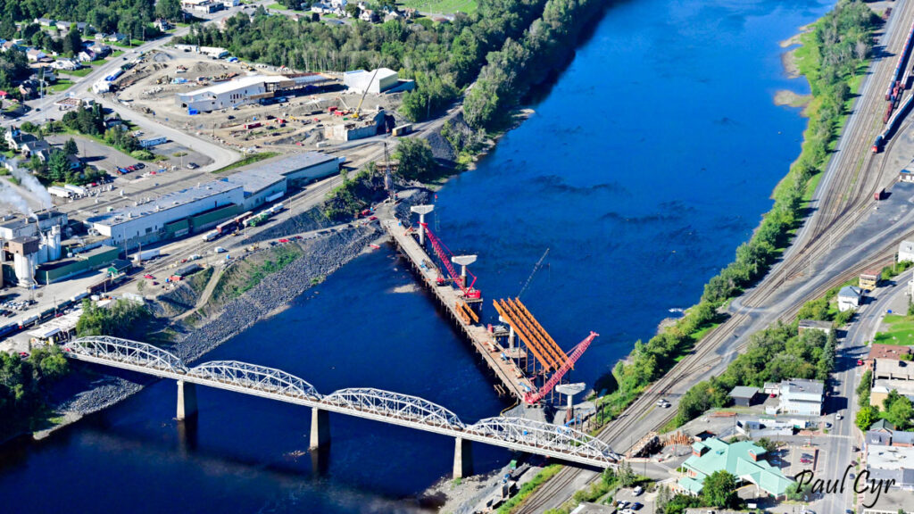 Aerial view of the river and bridges in Madawaska